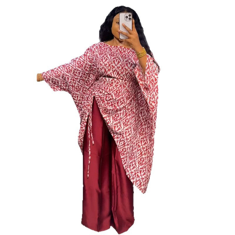 European and american style women's clothing  autumn new collection: sweet and fresh printed round neck batwing sleeve blouse and high-waisted straight-leg pants two-piece set