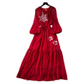 French chic embroidered sequin floral tie-waist lantern sleeve maxi dress - high-end women's fashion