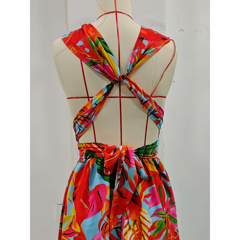 Aliexpress cross-border original design: women's fashionable sleeveless backless printed dress