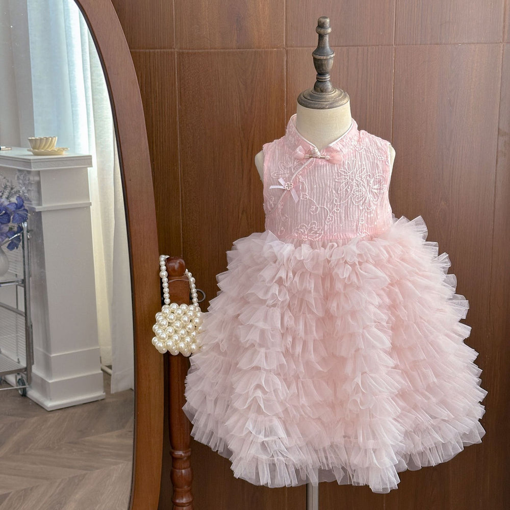 Girls'  new puffy dress, stylish cheongsam-style sweet dress with buttons for baby girls, trendy and fashionable top for kids