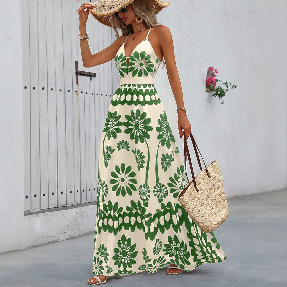 European and american cross-border foreign trade short-sleeved wholesale new printed suspender long skirt vacation style backless