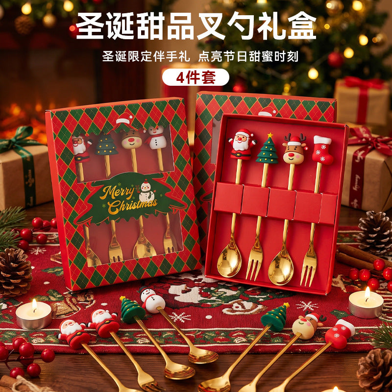 Christmas dessert fork and spoon 6-piece gift set - coffee stirring spoons, fruit forks, stainless steel cutlery - holiday gift