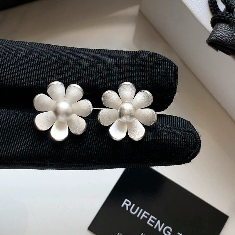 Niche style atmosphere retrostereo handmade brushed flower sunflower men's and women's earrings thick silver high quality earrings