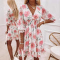 Amazon color block patchwork tiered v-neck flared sleeve a-line casual ruched waist ruffle chiffon dress for women