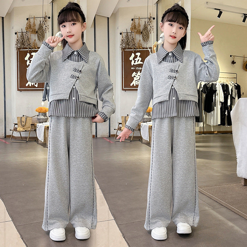 Girls' casual activewear set -  spring/autumn new arrival: stylish and trendy two-piece faux layered sweatshirt and wide-leg pants set