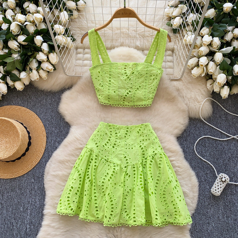 European and american hot girl hollow-out embroidered set: women's camisole bandeau crop top + high-waisted a-line midi skirt sexy two-piece outfit