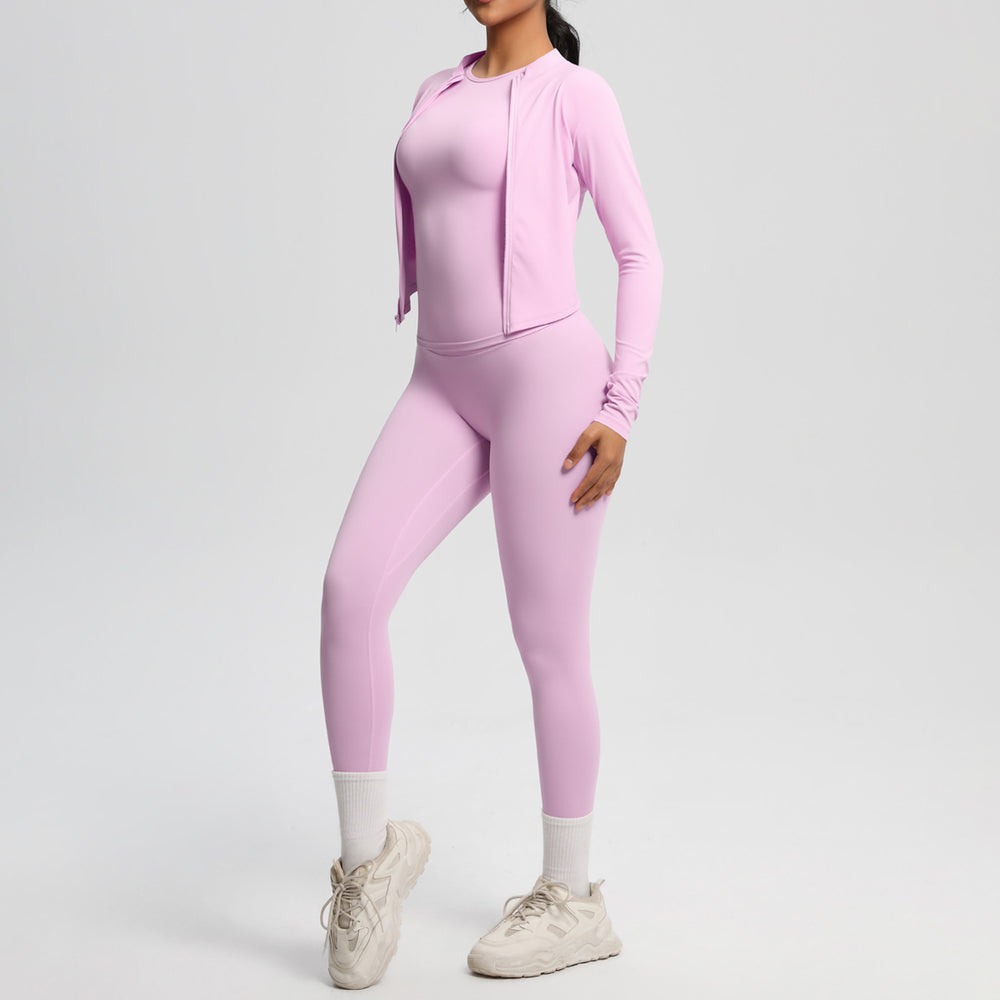 Ready-to-ship cross-border brushed microfiber seamless breathable compression short-sleeve three-piece activewear set for women - perfect for running, fitness, and yoga