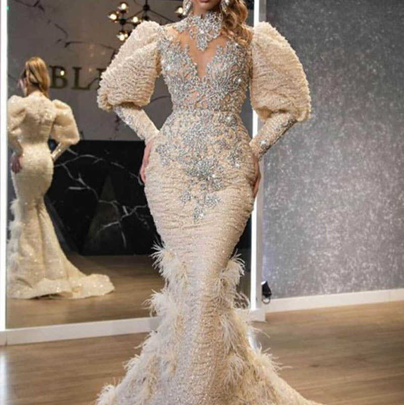 european and american cross-border new  dress v neck feather princess dress gold long mesh evening dress