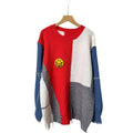 European and american style cross-border autumn/winter denim sleeve color block smiley face loose pullover sweater round neck knitted base layer top for women