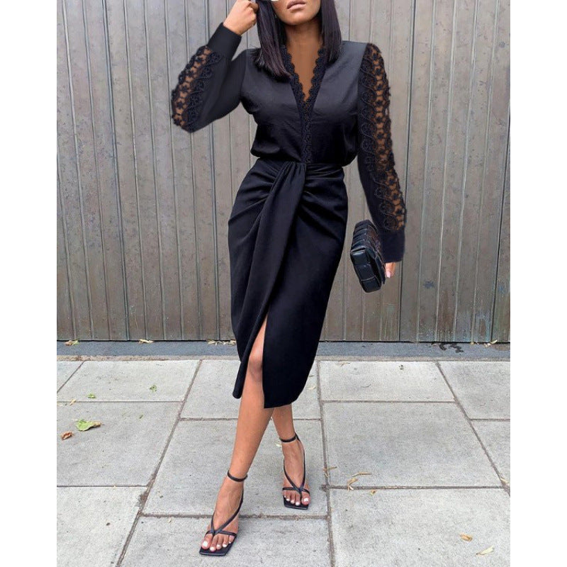 Export  autumn loose v-neck solid color high-waisted midi dress - elegant commute lace trim patchwork dress