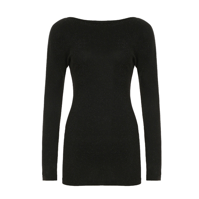 European and American fashion fine flash long-sleeved dress 2025 new  basic large round neck halter strap hip skirt