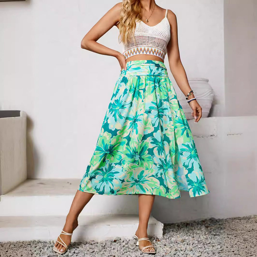 Shanuo independently designs and shoots new women's clothing in Europe, America,  summer casual collection, flower printing skirt