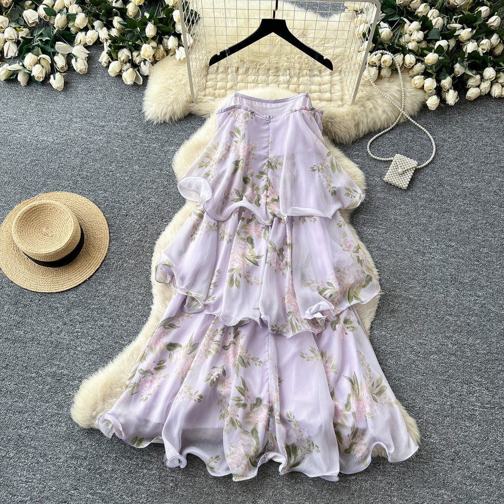 French riviera style purple floral sleeveless dress - women's summer ruffle tiered maxi dress - slimming and elegant