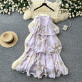 French riviera style purple floral sleeveless dress - women's summer ruffle tiered maxi dress - slimming and elegant