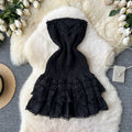 New women's vacation dress: designer ruched sleeveless bandeau dress with cinched waist, slimming cutout embroidery, and ruffle hem