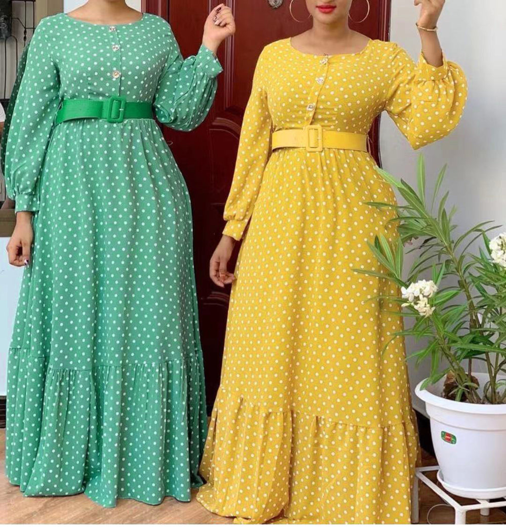 new arrival: fresh & sweet polka dot high-waisted long sleeve dress - african style plus size women's clothing with belt