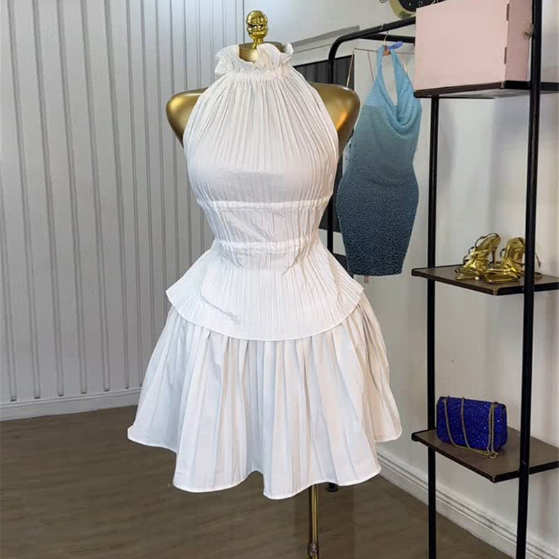 European and American  women's clothing 2025 summer new temperament fungus edge pleated halter strap-up top skirt set