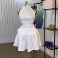 Fashion cross-border women's clothing  summer new arrivalelegant wood ear pleated backless strap tops skirt suit