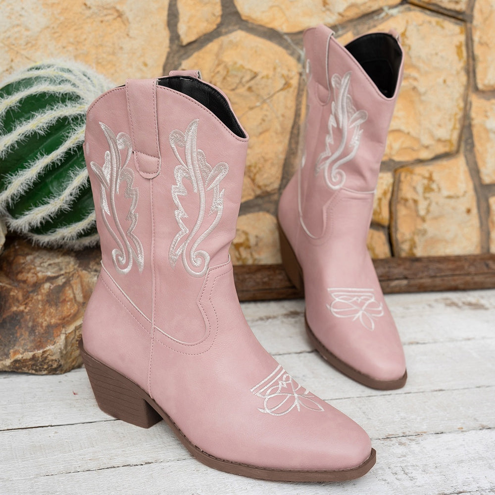 autumembroider british style mid-heeled knight boots women's foreign trade thick heel v-mouth retro large size mid-calf boots