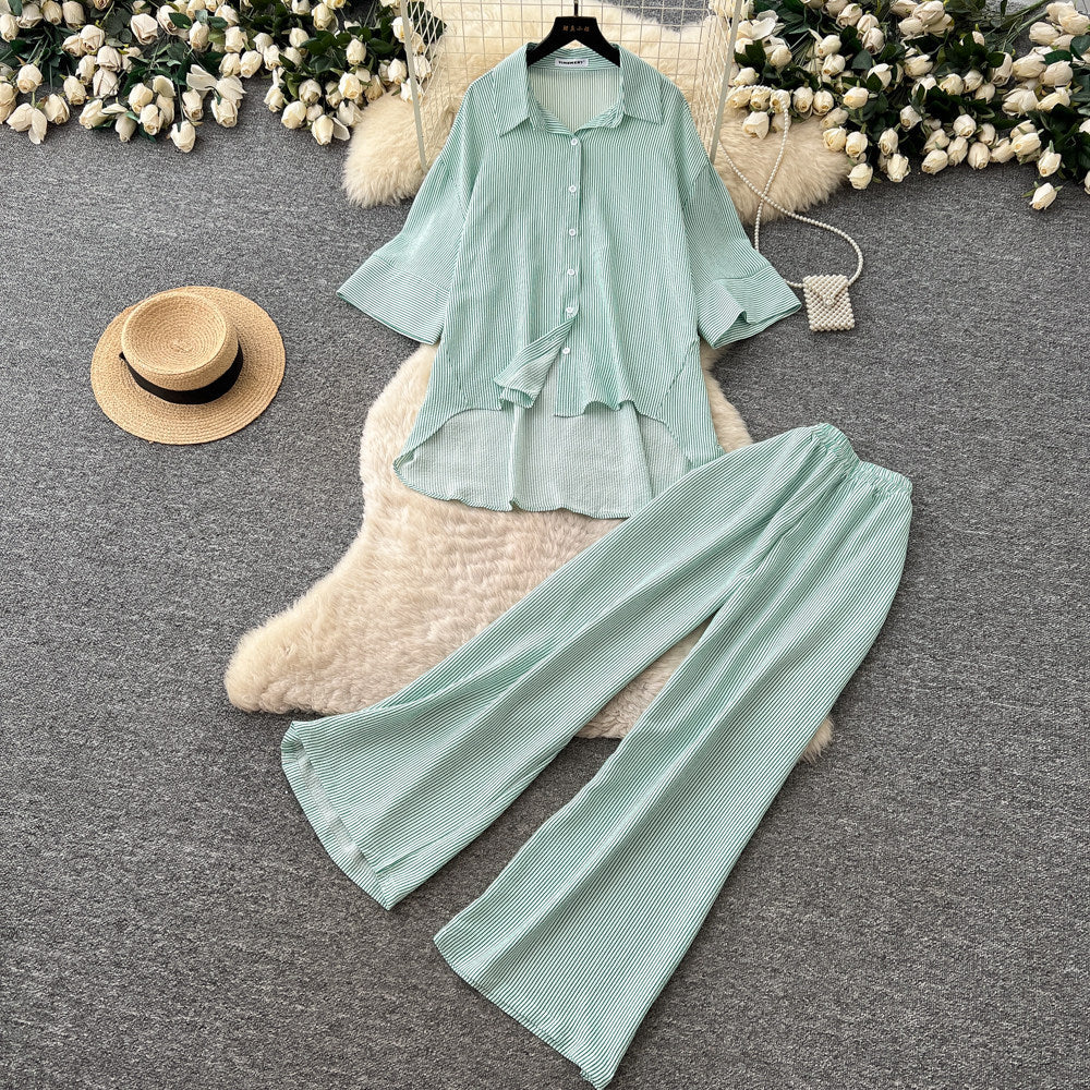 Lazy style stripesshirtloose pantstwo-piece set female summer lapel casualcasualelegantsuitsense of design