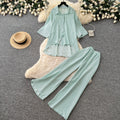 Lazy style stripesshirtloose pantstwo-piece set female summer lapel casualcasualelegantsuitsense of design