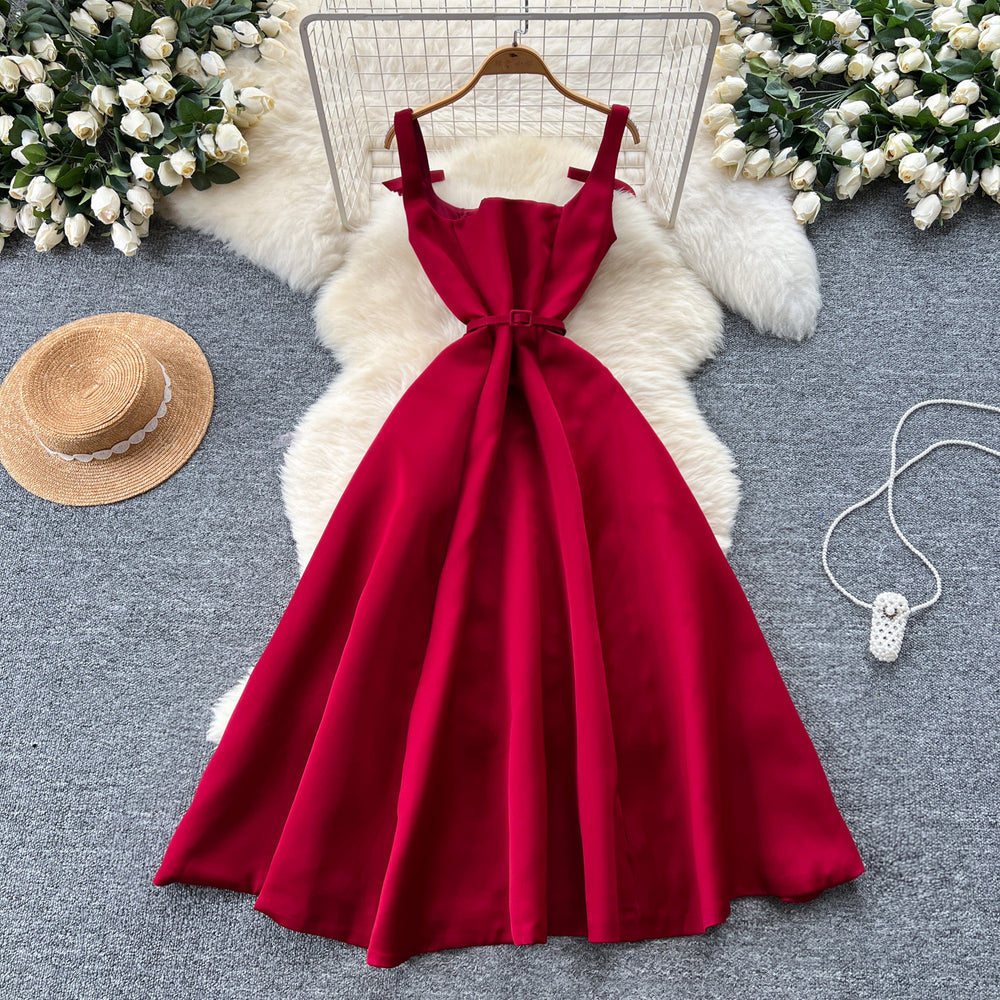 Hepburn style dress for women summerfrenchclassy sense bows waist slimming look suspender square collar fluffy dress