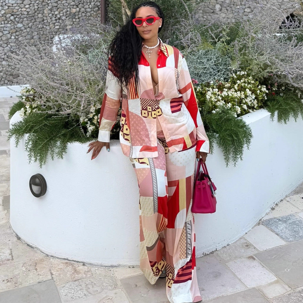 European and American large-size temperament elegant cardigan printed shirt trousers women's African fashion foreign style new women's clothing two-piece set