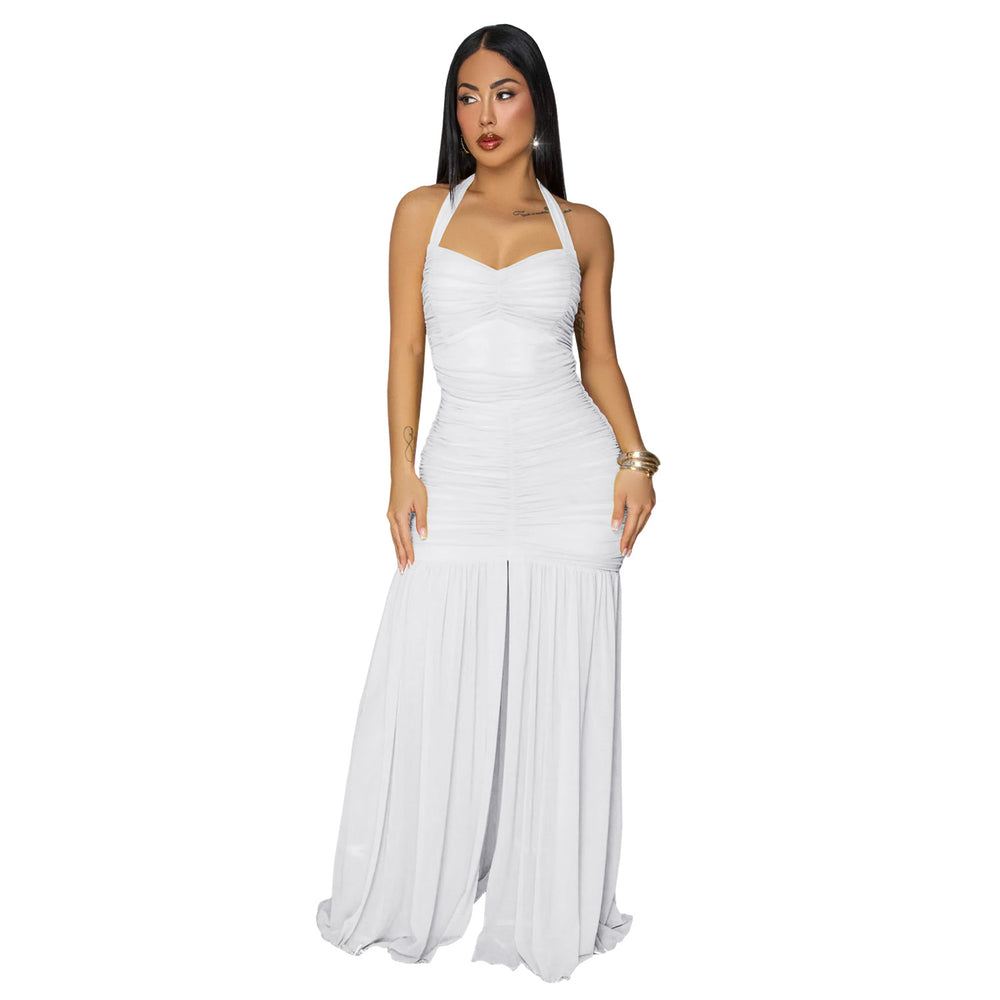 C7656 cross-border   fashion women's elegant solid color bodycon slit dress