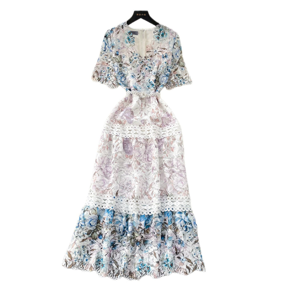 French retro v-neck lace cutout embroidered printed dress - women's cinched waist maxi dress - elegant and chic