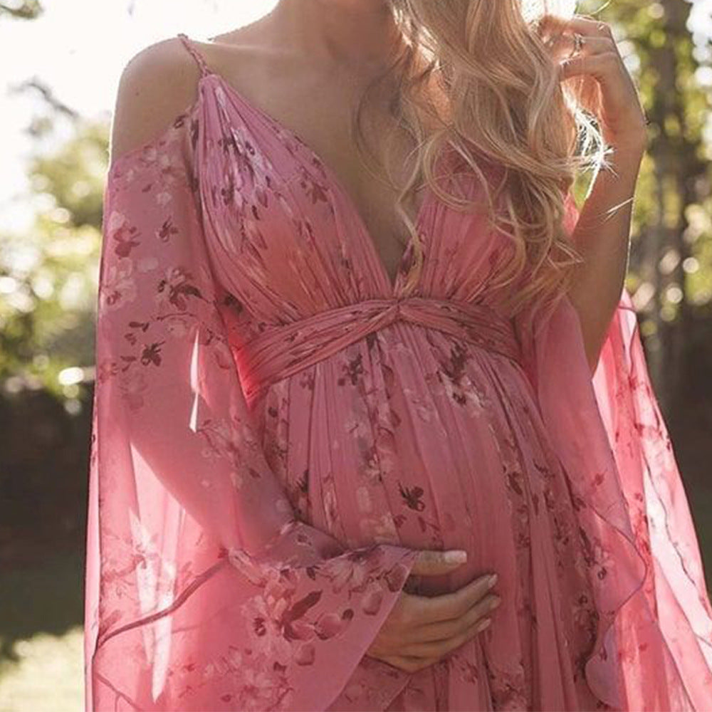 new autumn/winter cross-border fashion: european & american v-neck floral print pink maxi dress - plus size maternity swing dress