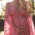 new autumn/winter cross-border fashion: european & american v-neck floral print pink maxi dress - plus size maternity swing dress