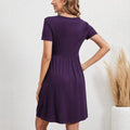 Women's european and american style minimalist solid color short sleeve dress - elegant round neck midi dress