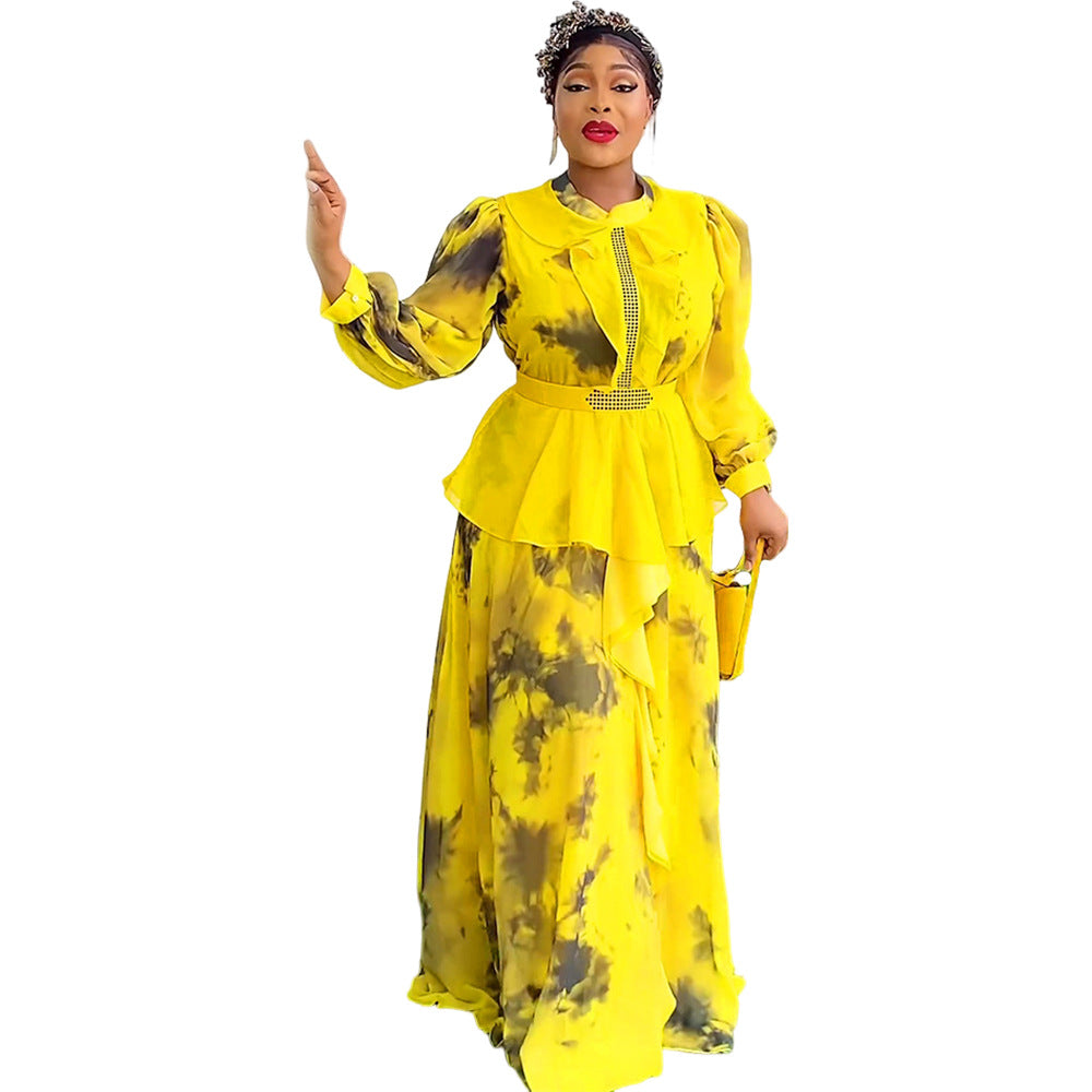 Amazon new arrivalretrolongrufflesdress cross-border foreign trade  african printing long skirt