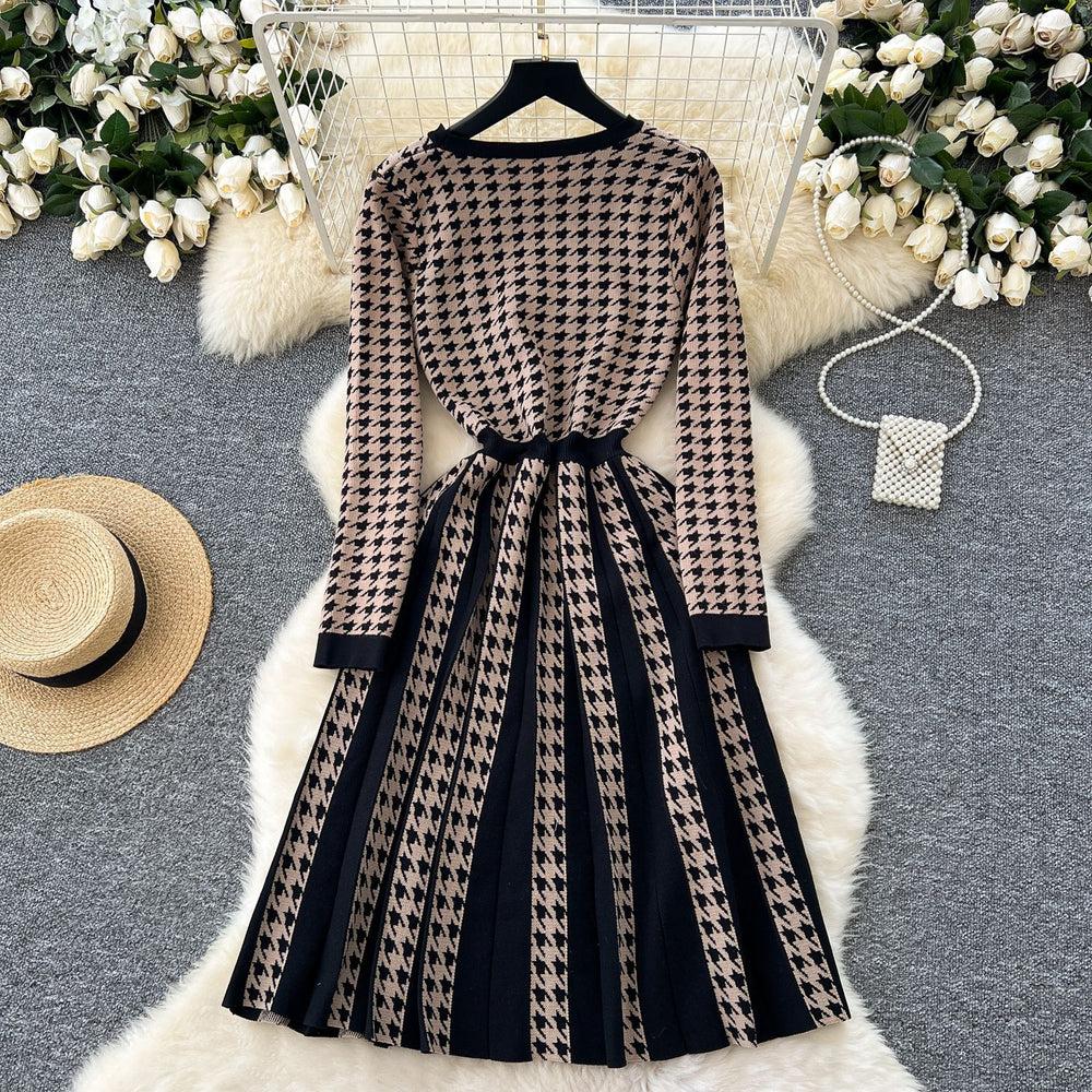 Accessible luxuryfall and winter tweed styledressfashion metal buckle waist contrast colorpleated chidori gridsknitting bottom skirt