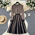 Accessible luxuryfall and winter tweed styledressfashion metal buckle waist contrast colorpleated chidori gridsknitting bottom skirt