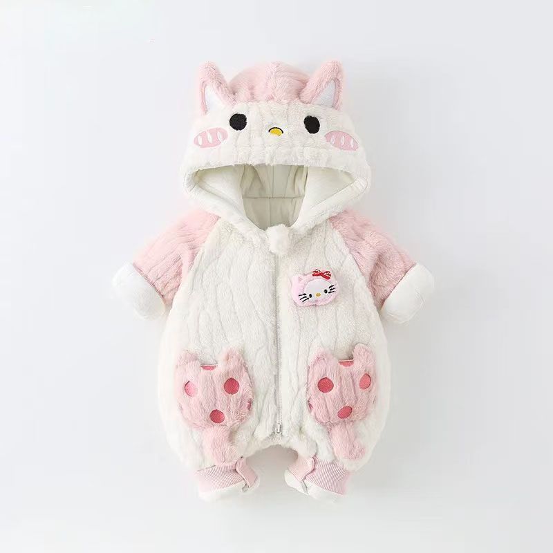 Infant winter cotton-padded romper, thickened baby girl's fleece-lined hooded jumpsuit, cute cartoon super adorable fuzzy sweater