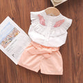 Summer new girls' outfit set - kids' baby pink leaf print ruffle collar top + shorts 2-piece set -