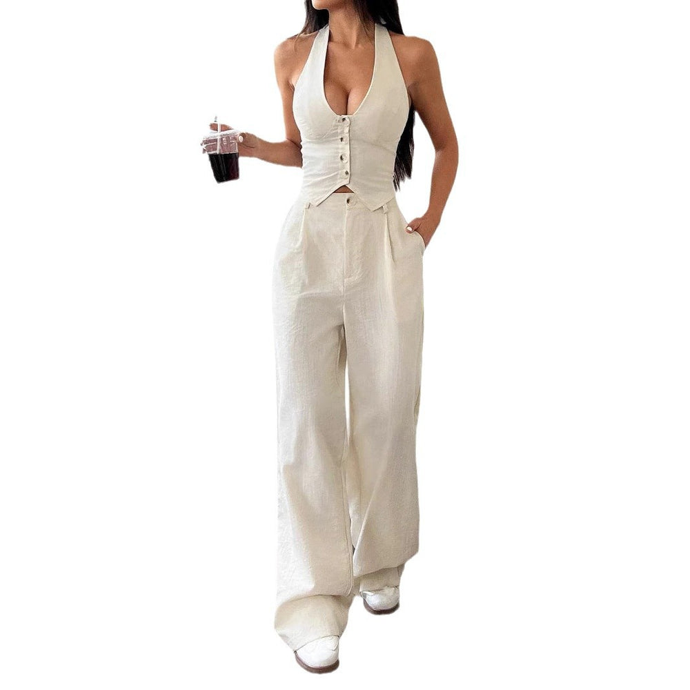 Amazon two-piece set: women's tie-front vest and straight-leg casual pants wholesale