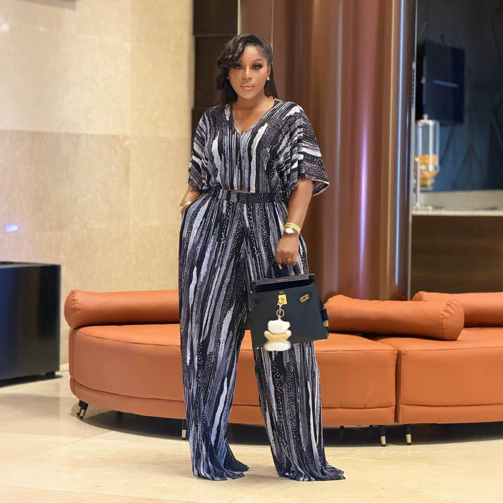 European and american cross-border african women's clothing  summer new fashionable elegant printed v-neck shirt and wide-leg pants set