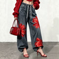 Fashionjeans women's drawstring waist red flower printing distressed gray black wide leg jogger pants cross-border casual women's clothing new arrival