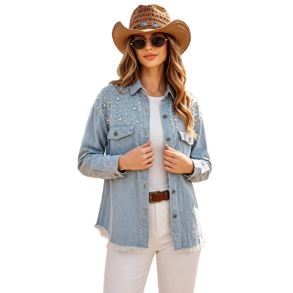 European and american cross-border foreign trade  lapel beaded long sleeves duplex pockets raw edge hem washed denim outwear