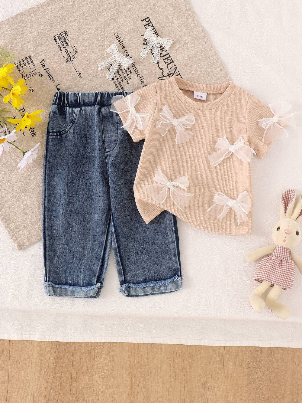 Baby clothing kids set children outfit apricot short-sleeved t-shirt + blue long