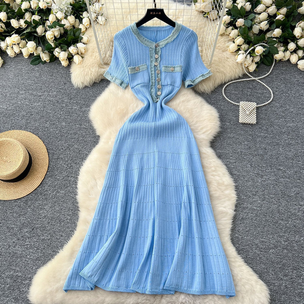 cross-border fashionfall and winternew arrivalfashion round neck denim patchworkknittinglong sleevesdress a-line skirt for women
