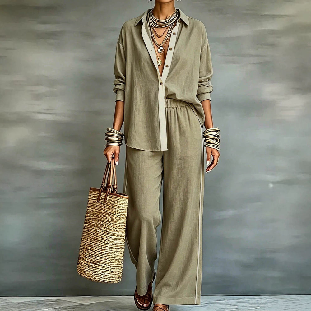 Exportplus size relaxation work clothing set retro gray linen shirt elastic waist side strips wide leg pants two-piece set