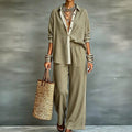 Exportplus size relaxation work clothing set retro gray linen shirt elastic waist side strips wide leg pants two-piece set