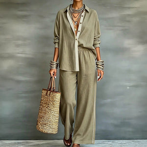 Exportplus size relaxation work clothing set retro gray linen shirt elastic waist side strips wide leg pants two-piece set