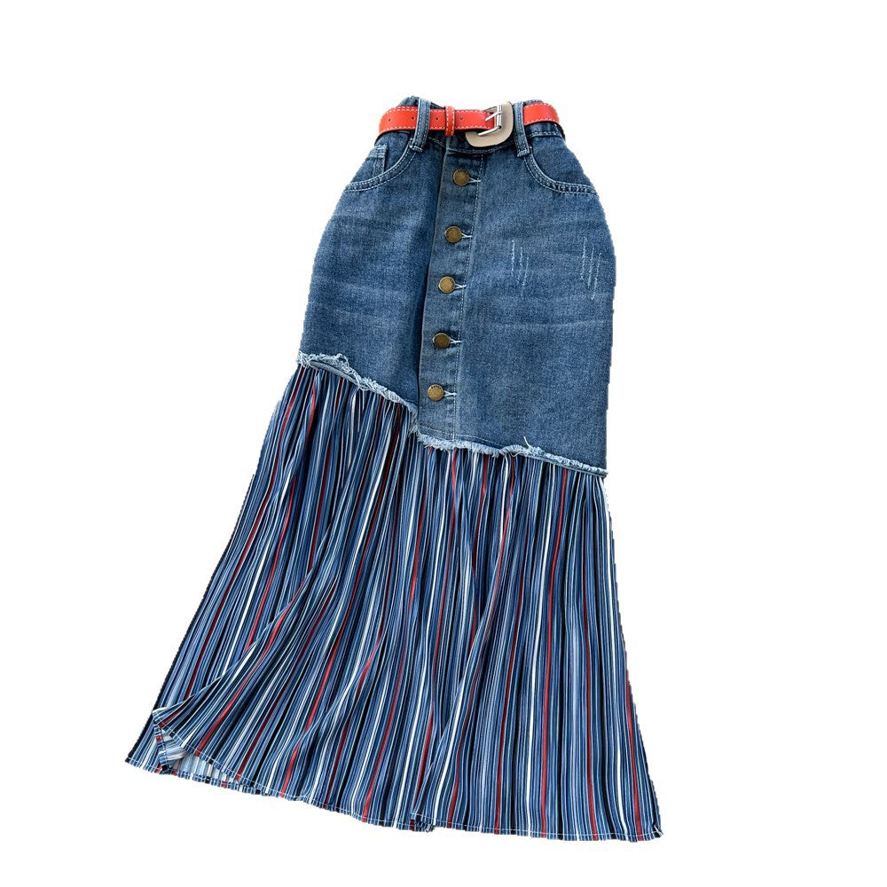 Korean style patchwork striped color block denim midi skirt - women's designer high waist slimming a-line skirt - versatile workwear