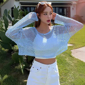 Fashion cross-border long sleevescut outknitting mesh shirt women's summer thin mesh sun protection blouse new arrivaltops mesh outer wear