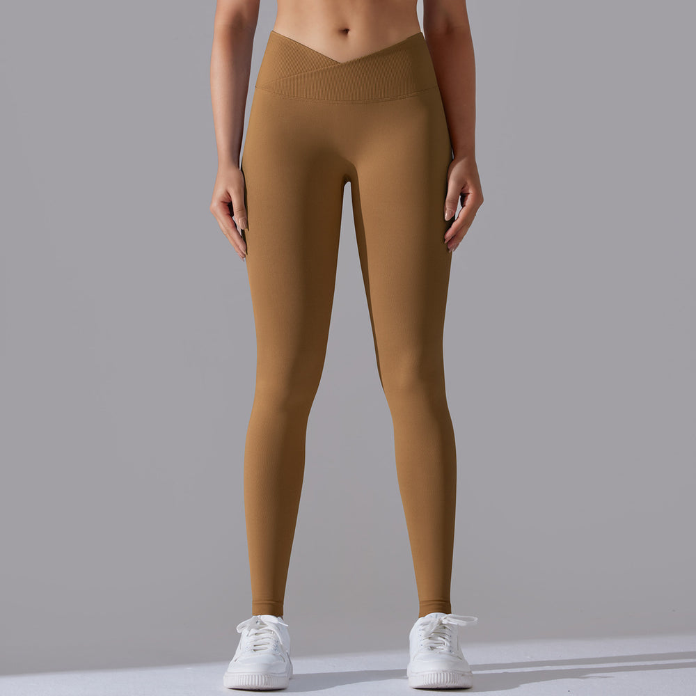 fashion seamless knitting breathable pure color cross waist peach hip yoga pants running fitness nine-point pants women
