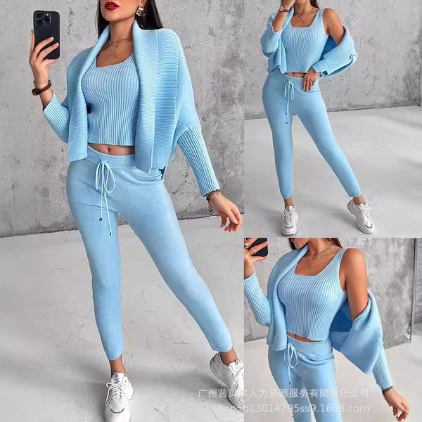 LZR18759 European and American light blue lapel bat sleeve cardigan suspender vest low waist strap knitted three-piece set
